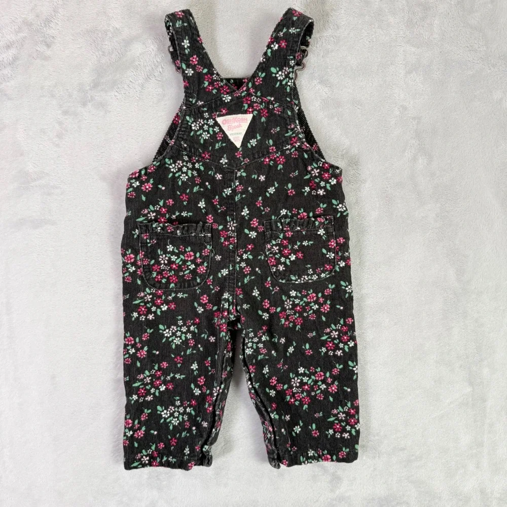 OshKosh B'gosh Overalls Kids 6 Months Black Floral Corduroy Bibs 896-0089